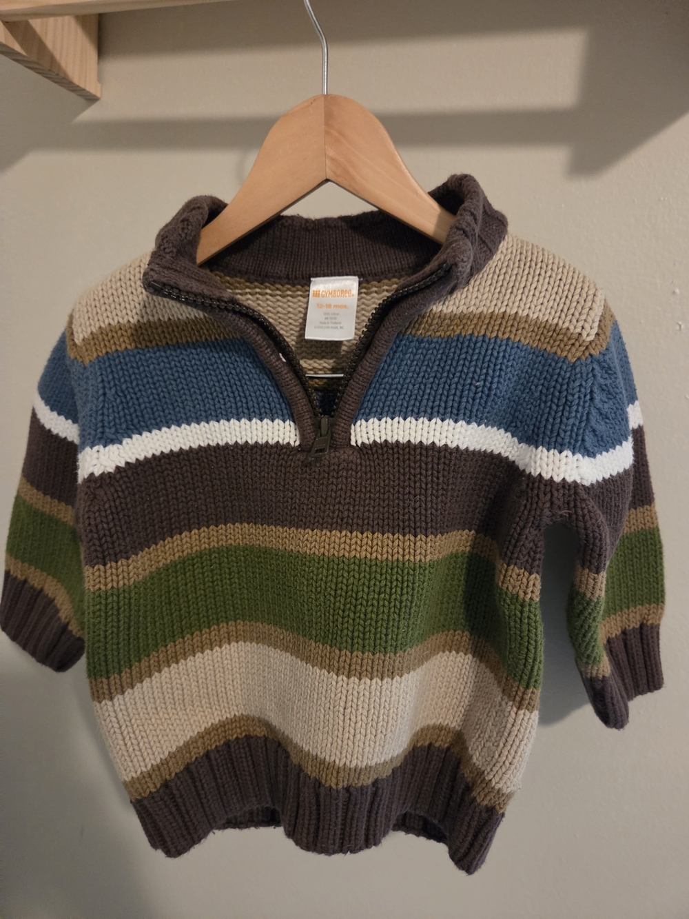 Gymboree Boy 12-18M Striped Zip-Neck Sweater in Blue, Green, Brown, Cream